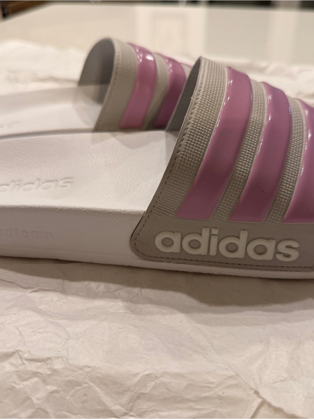 adidas White Slide Sandals with Pink Stripes